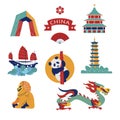 A sSet of vector icons. Chinese architecture and attractions. Royalty Free Stock Photo